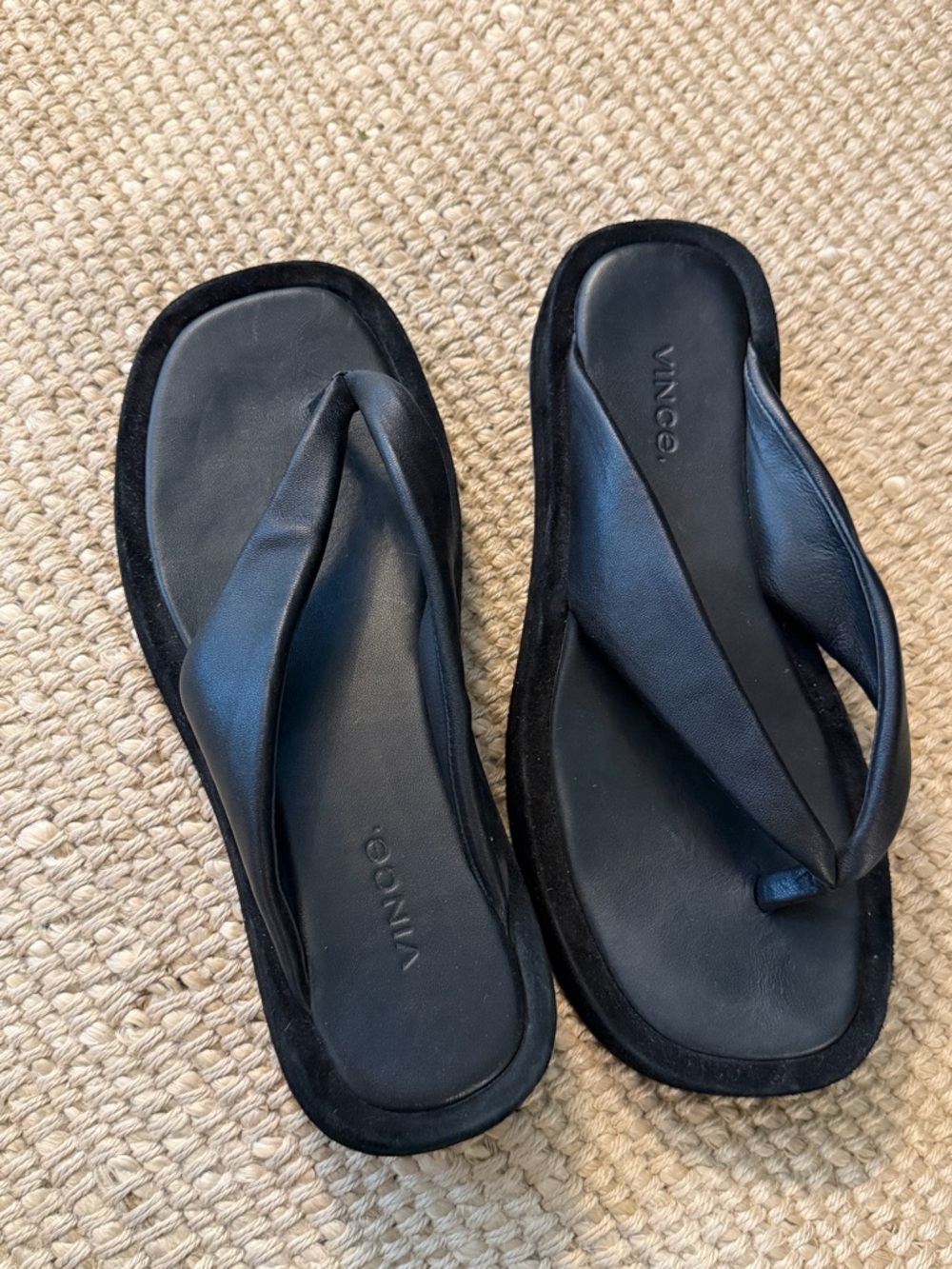 Vince Black Leather Thong Sandals with Padded Footbed